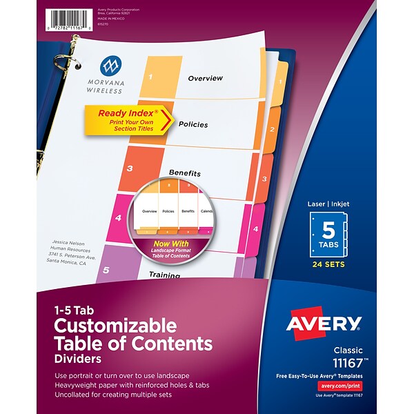 Avery Ready Index Numeric Divider, 5-Tab, Multicolor, 24/Sets (11167)