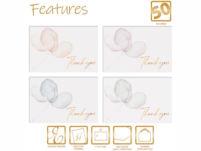 Better Office Delicate Pastel Floral Thank You Cards with Envelopes, 4" x 6", Assorted Colors, 50/Pack (64527-50PK)