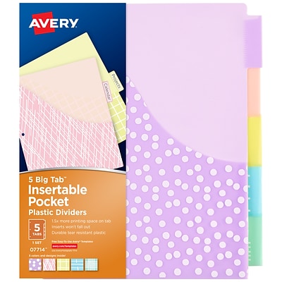 Insertable Multicolor Big Tabs 11900 1 Set Avery 5-Tab Plastic Binder Dividers 