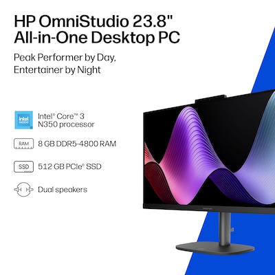 HP OmniStudio 23.8 All-in-One Desktop PC, Intel Core 3 N350, Intel Graphics, 8GB RAM, 512GB SSD, Wi