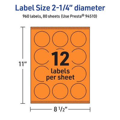 Avery Laser/Inkjet Multipurpose Circle Labels, 2.25" Dia., Bright Orange, 960/Box (94510)