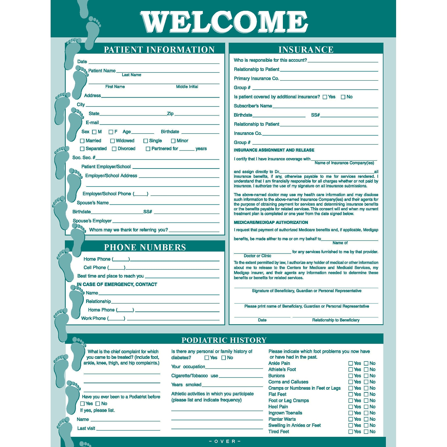 Medical Arts Press® Podiatry Registration and History Form, Teal, No Punch