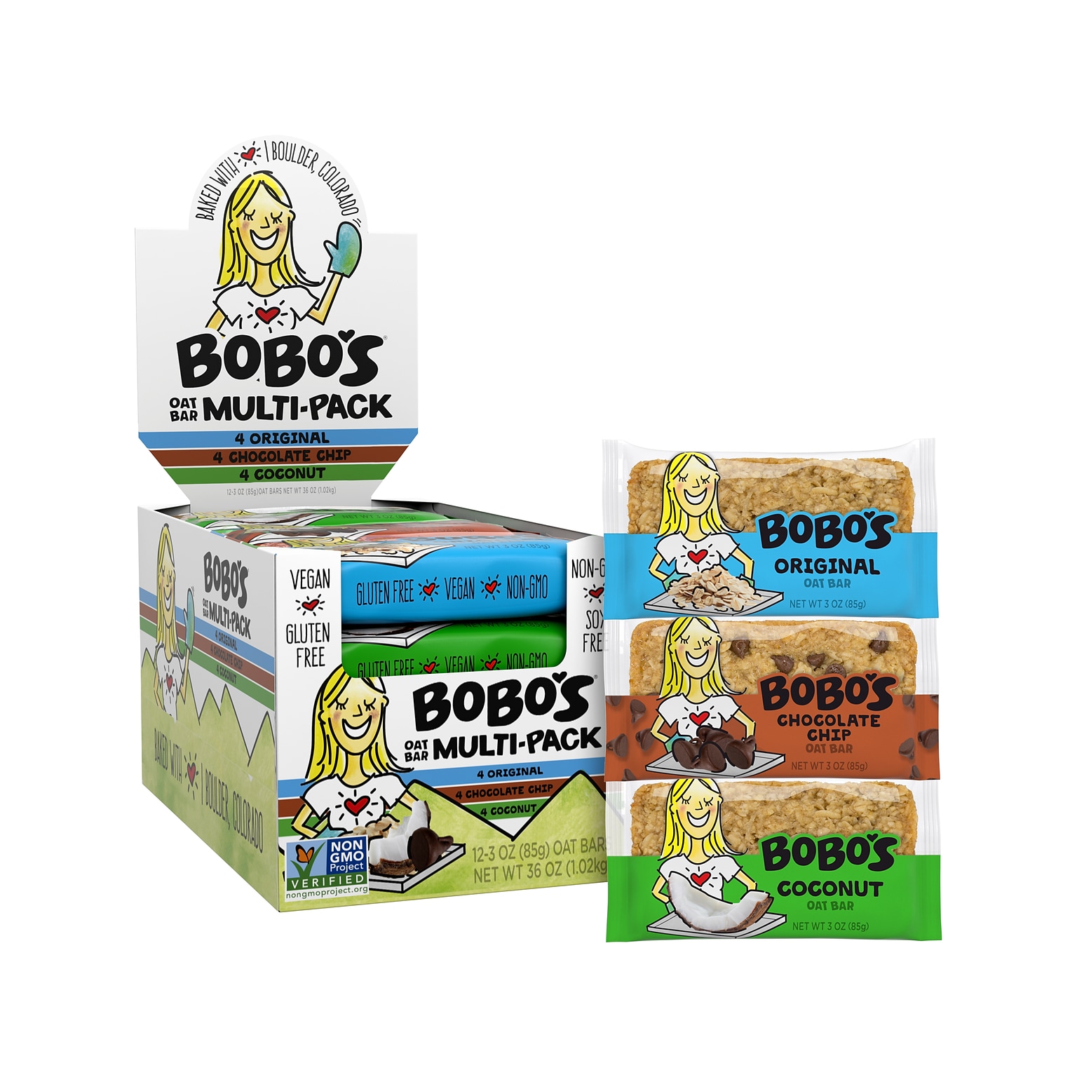 Bobos Gluten Free Coconut/Chocolate Chip/Original Granola Bar Variety Pack, 36 oz., 12 Bars/Box (BBO00098)