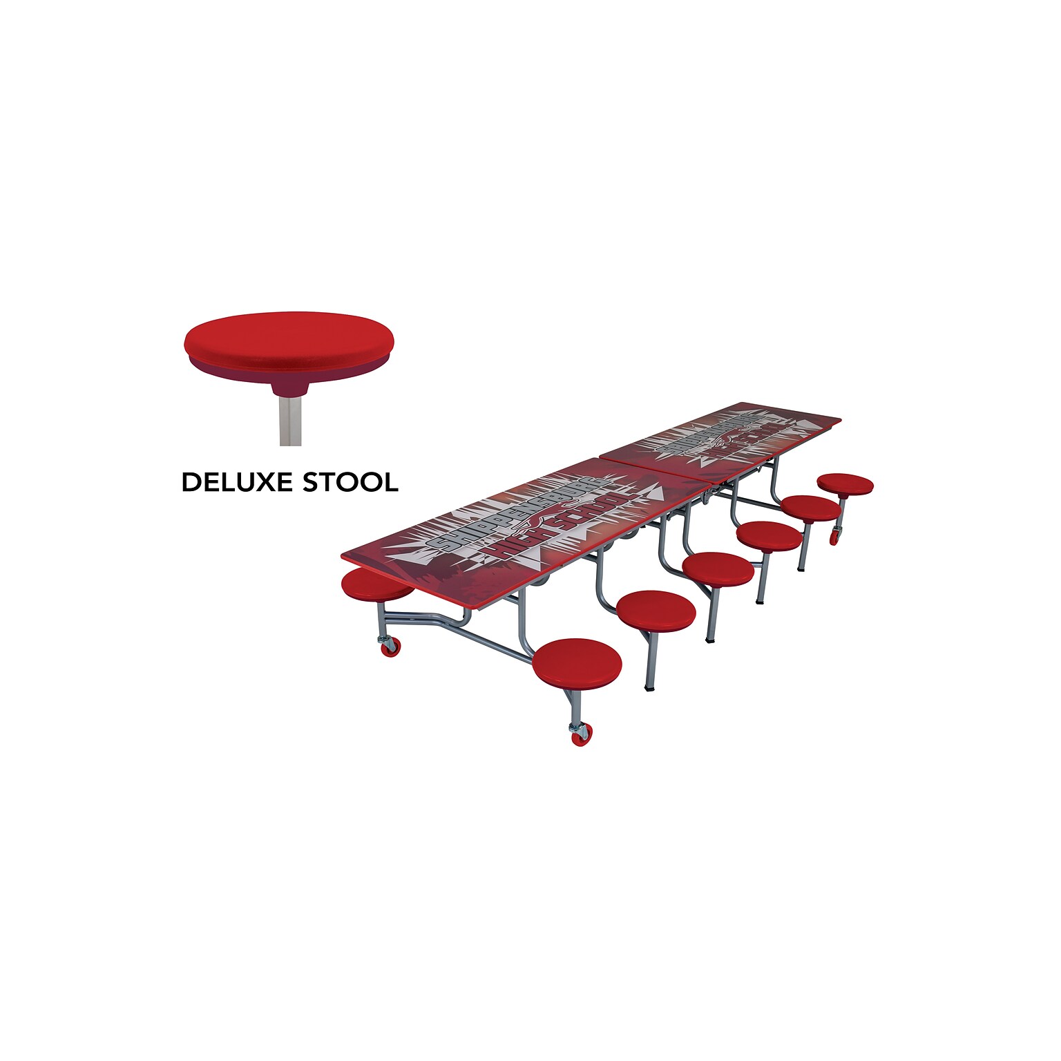 AmTab Rectangular Mobile Cafeteria Table w/ 12 Stools, 30 x 121, Assorted Colors (MST1012)