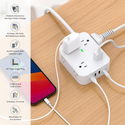 Power by GoGreen 8-Outlet 4-USB Port Surge Protector, 3', 900 Joules, White (GG-833A1C)
