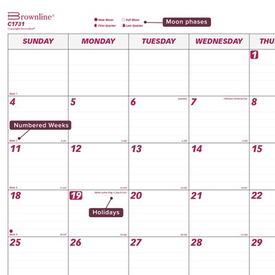 2026 Brownline 22" x 17" Monthly Desk or Wall Calendar, Burgundy/White (C1731)