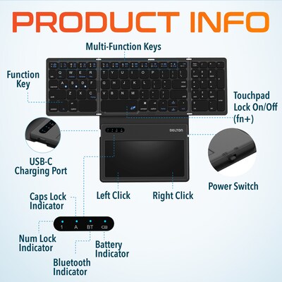Delton F92 Foldable Portable Wireless Keyboard with Touchpad, Black (DKBF92)