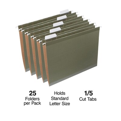 Staples 100% Recycled Reinforced Hanging File Folder, 1/5-Cut Tab, Letter Size, Standard Green, 25/Box (TR16403)