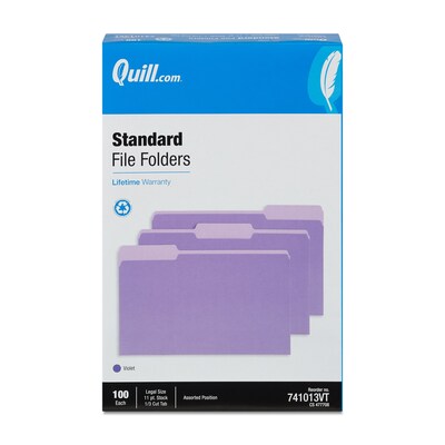 Quill Brand® File Folders, Assorted Tabs, 1/3-Cut, Legal, Violet, 100/Box (741013VT)