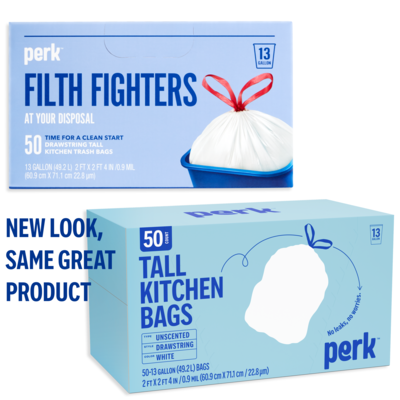 Perk™ 13 Gallon Kitchen Trash Bag, 28 x 24, Low Density, 0.9 mil, White, 50 Bags/Box (PK56745)