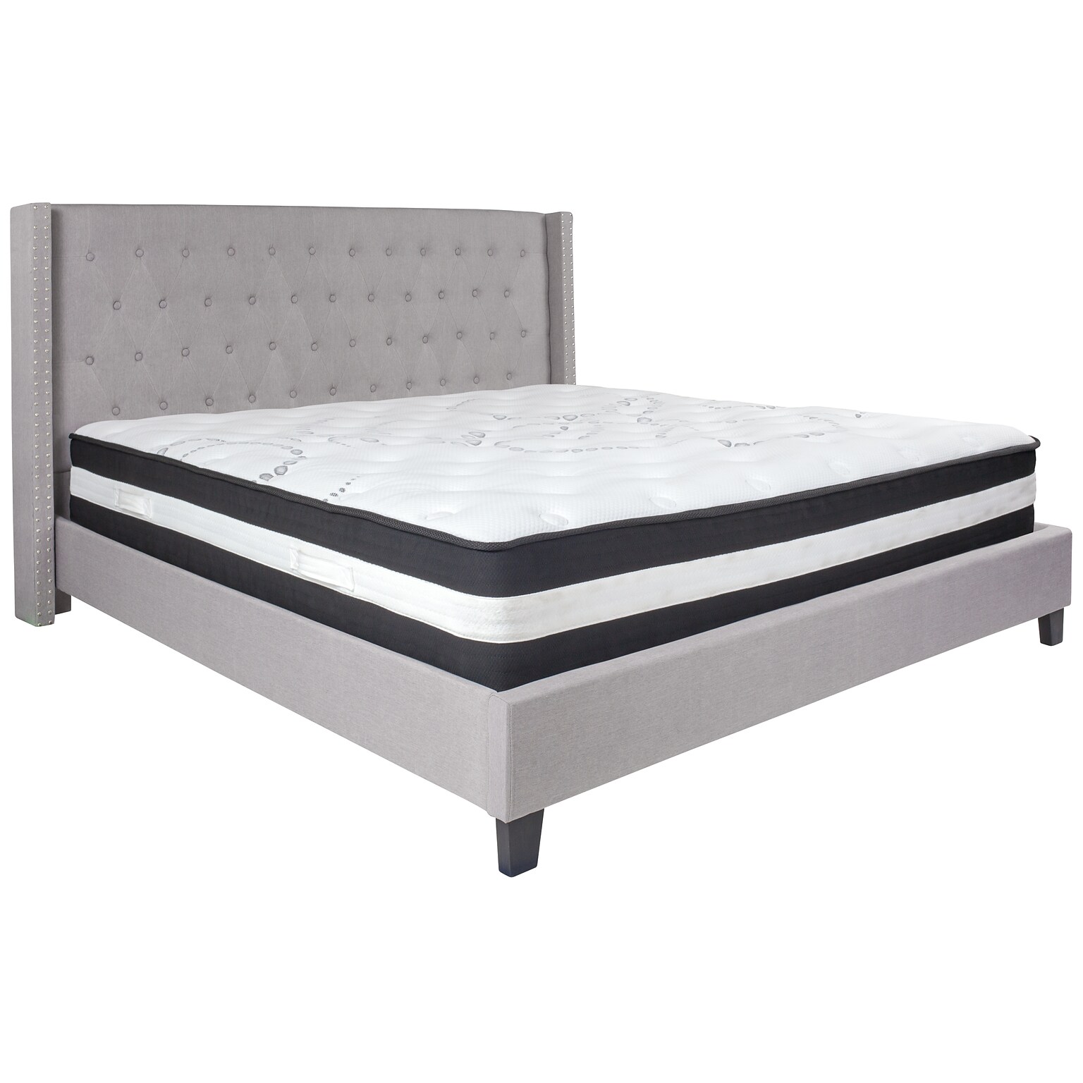 Flash Furniture Riverdale Tufted Upholstered Platform Bed in Light Gray Fabric with Pocket Spring Mattress, King (HGBM44)