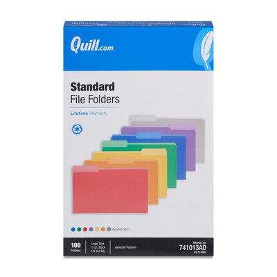 Quill Brand® File Folders, Assorted Tabs, 1/3-Cut, Legal, Assorted Colors, 100/Box (741013AD)