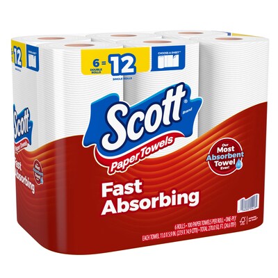 Scott Choose-A-Sheet Kitchen Roll Paper Towels, 1-ply, 102 Sheets/Roll, 6 Mega Rolls/Pack (16447/55413)