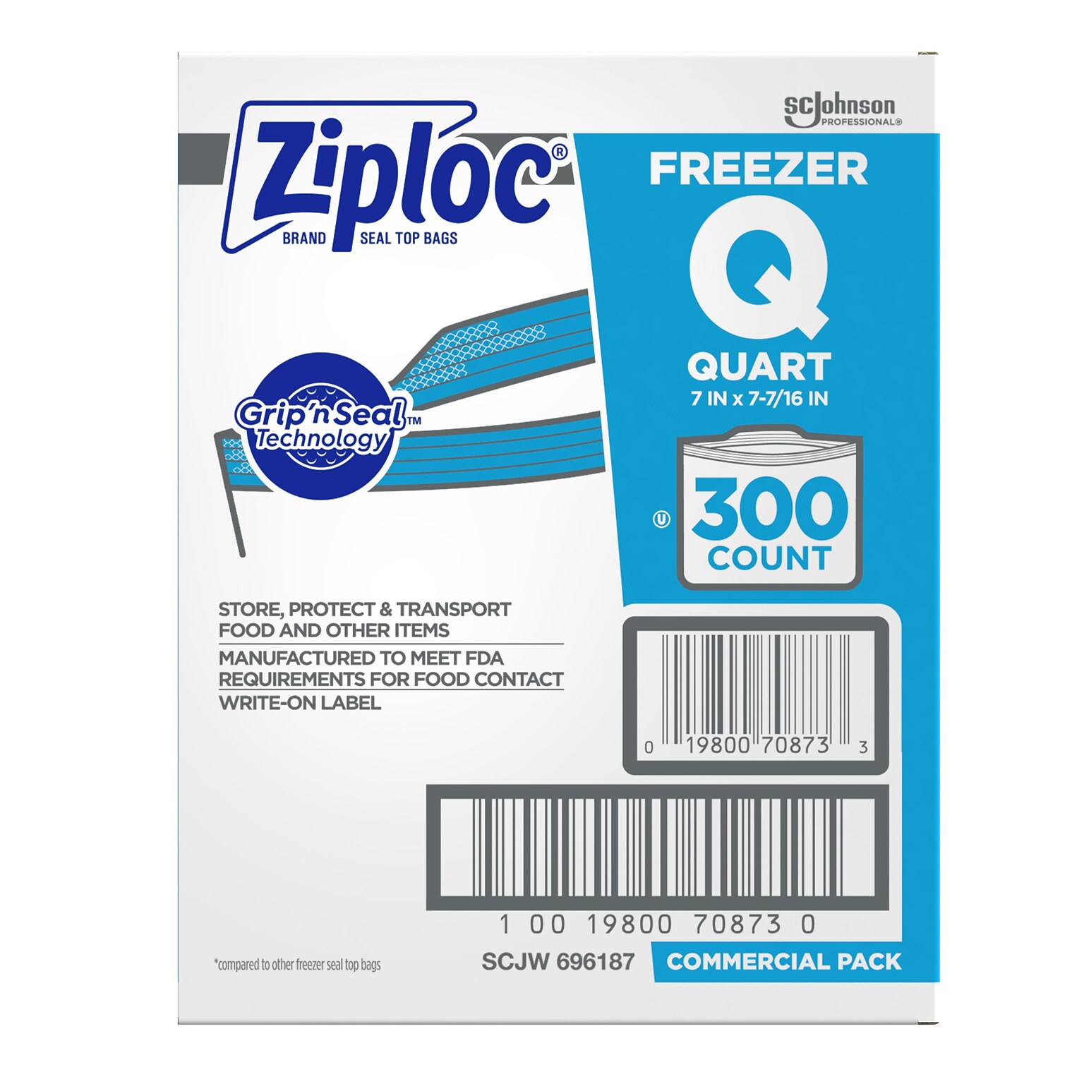 Ziploc Double Zipper Freezer Storage Bags, Quart, 300 Bags/Carton (696187)