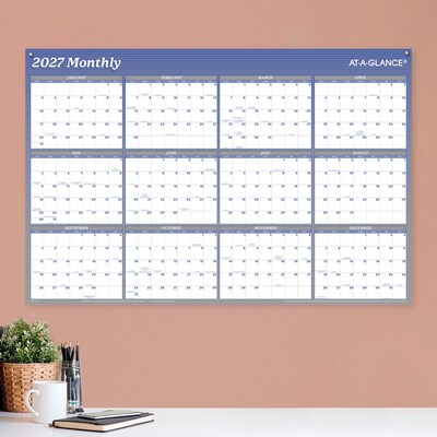 2027 AT-A-GLANCE 36" x 24" Yearly Dry-Erase Wall Calendar, Reversible, White/Blue (A1102-27)