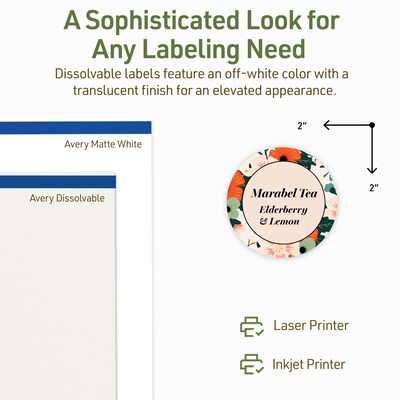 Avery Dissolvable Circle Multipurpose Labels, 2" Dia., Off-white, 120/Pack (94501)