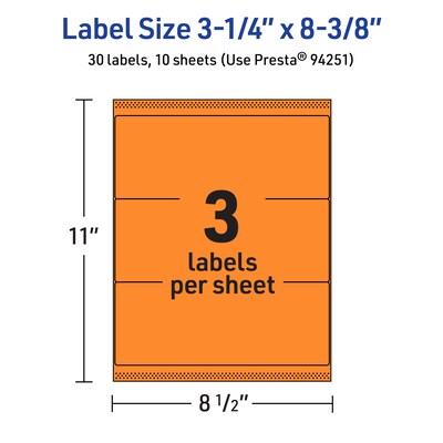 Avery Rectangle Multipurpose Labels, 3-1/4" x 8-3/8", Bright Orange, 30/Pack (94251)
