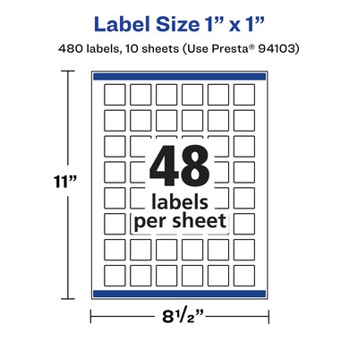 Avery Laser/Inkjet Square Glossy Labels, 1" x 1", Clear, 480 Labels/Pack (94103)