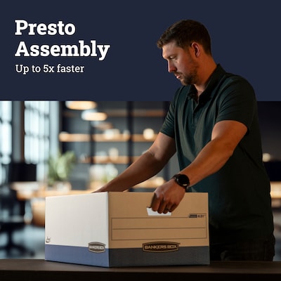Bankers Box Presto Heavy-Duty Instant Assembly File Storage Boxes, Lift-Off Lid, Letter Size, White/Blue, 12/Carton (0063101)