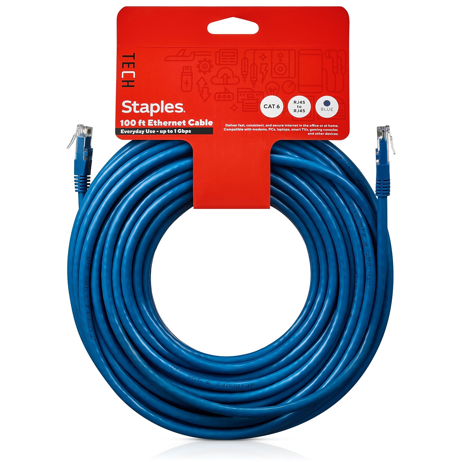 Staples TECH 100 Cat-6 Ethernet Cable, Male to Male, Blue (ST62452)