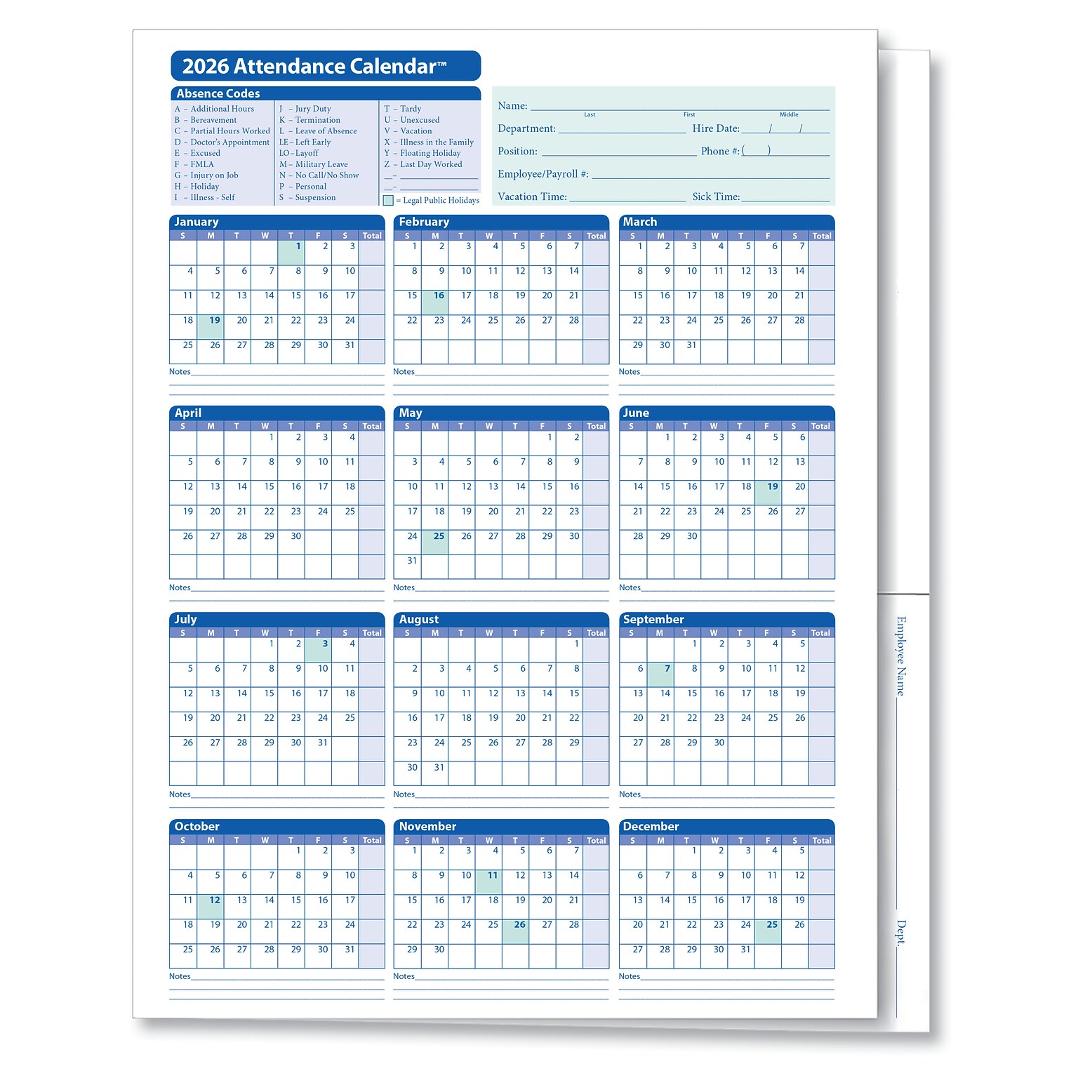ComplyRight 2026 Attendance Calendar File Folder, 25 Forms/Pack (A3050)