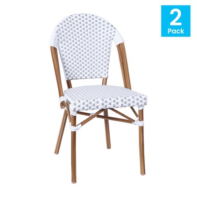 Flash Furniture Lourdes Contemporary Aluminum and PE Rattan Bistro Stack Chairs, White/Gray/Natural, Set of 2 (2SDA6421FWHGYNT)