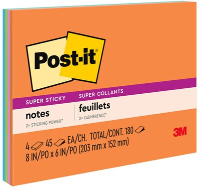 Post-it Super Sticky Notes, 8 x 6, Energy Boost Collection, 45 Sheet/Pad, 4 Pads/Pack (6845SSP)