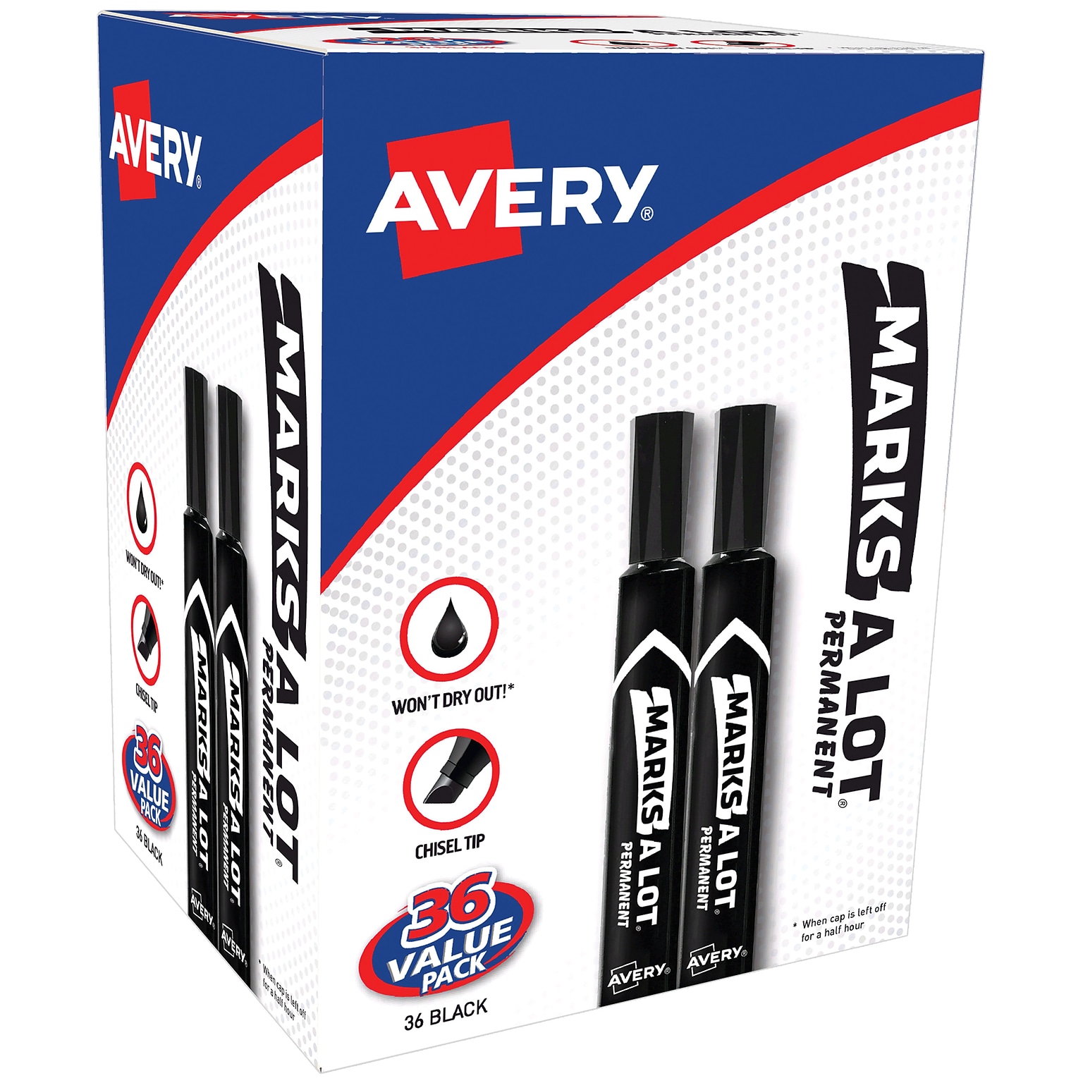 Avery Marks A Lot Permanent Marker, Chisel Tip, Black, 36/Pack (98206)