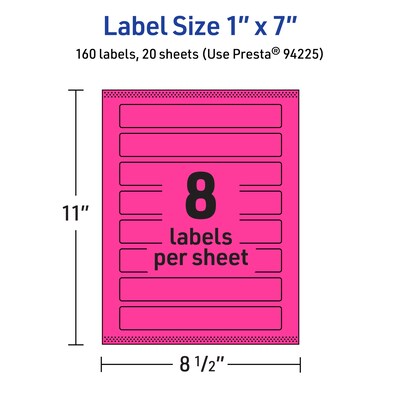 Avery Laser/Inkjet Rectangle Multipurpose Labels, 1" x 7", Neon Magenta, 160/Pack (94225)