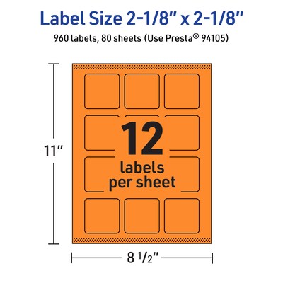 Avery Square Multipurpose Labels, 2-1/8" x 2-1/8", Bright Orange, 960/Box (94105)