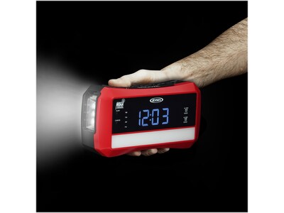 Jensen Wireless Digital AM/FM Alarm Clock Radio with NOAA Weather Alert, Emergency Light, and Built-in Flashlight, Red/Black