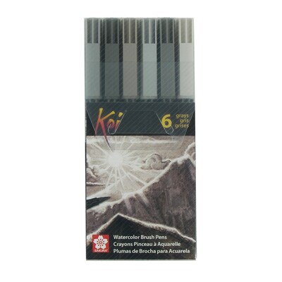 Sakura Koi Watercolor Brush Pens, Assorted Grays, 6 Per Set, 2 Sets (SAKXBR6SA-2)