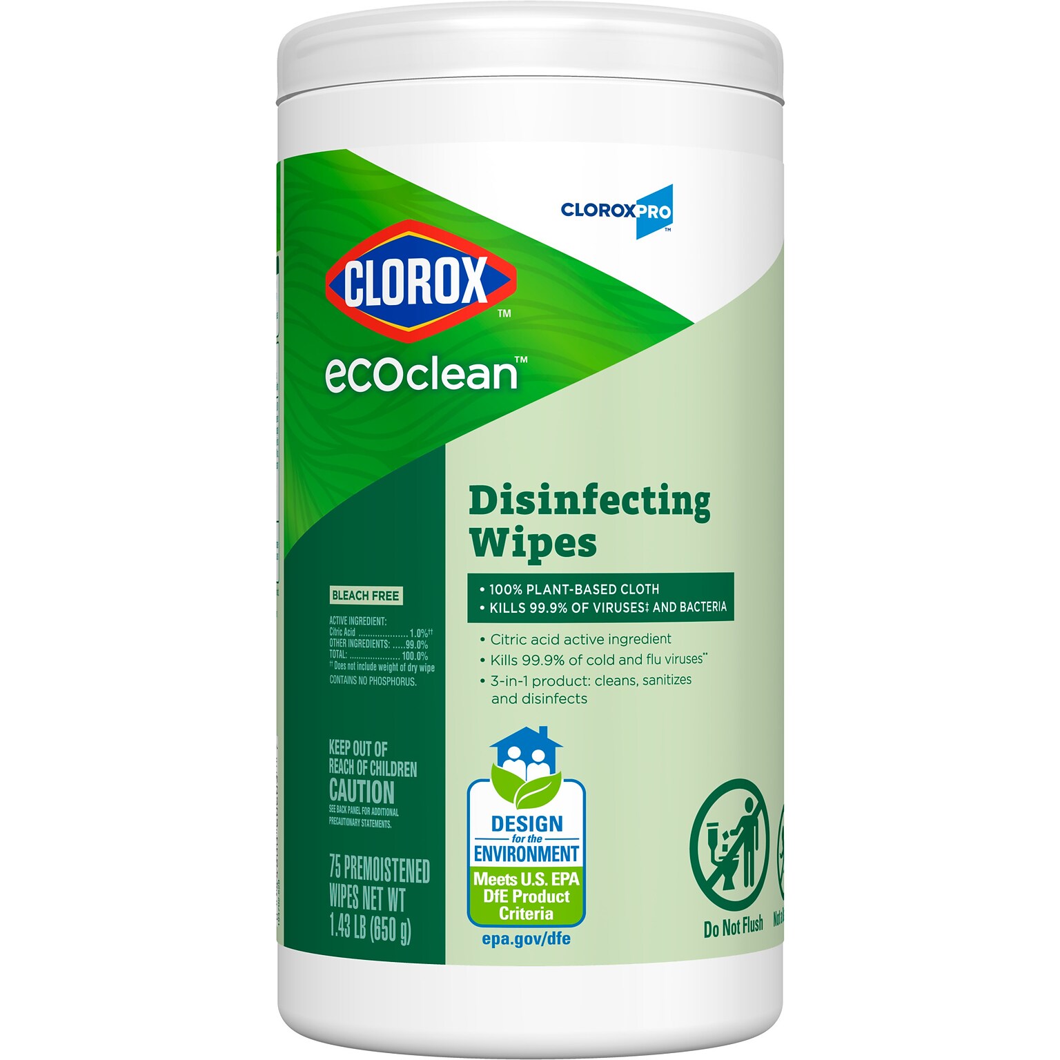 Clorox EcoClean Disinfecting Wipes, 75 Wipes/Container (60605)