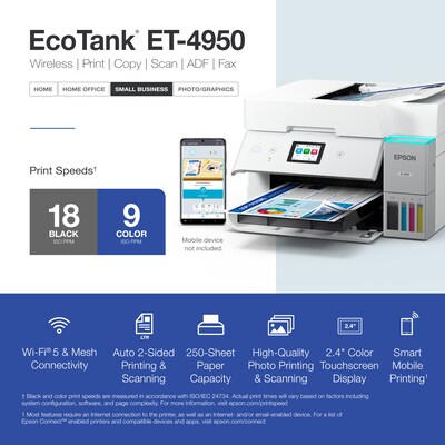 Epson EcoTank ET-4950 Wireless All-in-One Color Supertank Printer, White (C11CL40202)