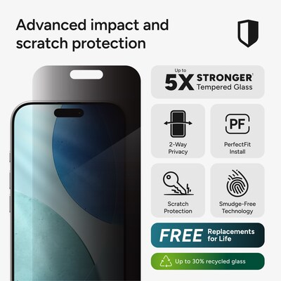 Zagg Glass Elite Privacy Anti-Glare Tempered Glass Privacy Filter & Screen Protector for iPhone 17 (200118655)