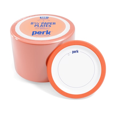 Perk™ Medium-Weight Paper Plates, 8.5, White/Orange, 125/Pack (PK54329)