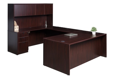 Boss Office Products 71 U-Shaped Desk with File Pedestal and Hutch, Mahogany (GROUPA5-M)