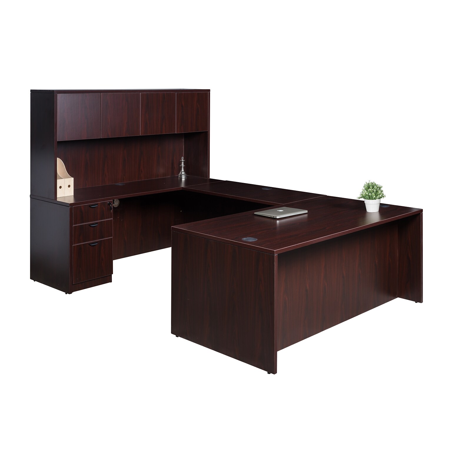 Boss Office Products 71 U-Shaped Desk with File Pedestal and Hutch, Mahogany (GROUPA5-M)