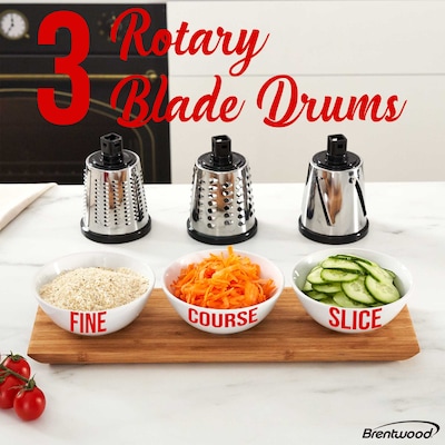 Brentwood Rotary Grater, Shredder, and Slicer with Handle and Stainless Steel Drum Blades, Black (KA-5060BK)