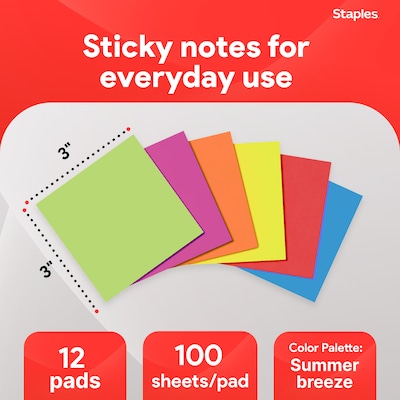 Staples Ultra Sticky Notes, 3 x 3, Summer Breeze Collection, 100 Sheets/Pad, 24 Pads/Pack (ST62882)