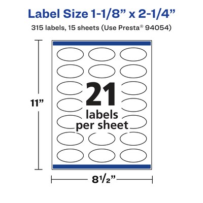 Avery Laser/Inkjet Oval Multipurpose Labels, 1-1/8" x 2-1/4", White, 315 Labels/Pack (94054)