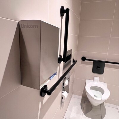 Unicorn Pads and Tampons Sanitary Dispenser, Surface Mounted, 12 x 4, Silver Steel (TOP-08623)
