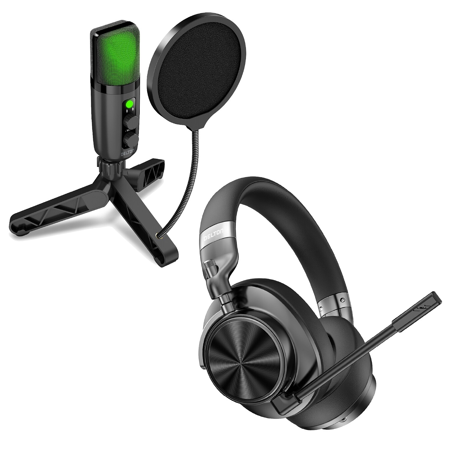 Delton M320 RGB Condenser Microphone and ANC Bluetooth Computer Headphones Podcast & Recording Kit, Black (DRU3000BD3)