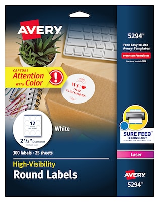 Avery High Visibility Laser Shipping Labels, 2.5Dia., White, 300/Pack  (5294)