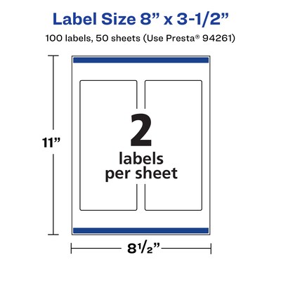 Avery Laser/Inkjet Rectangle Waterproof Multipurpose Labels, 3.5"  x 8", White, 100/Box (94261)