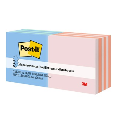 Post-it Pop Up Sticky Notes, 3 x 3 in., 12 Pads, 100 Sheets/Pad, The Original Post-it Note, Alternating Pastel Colors