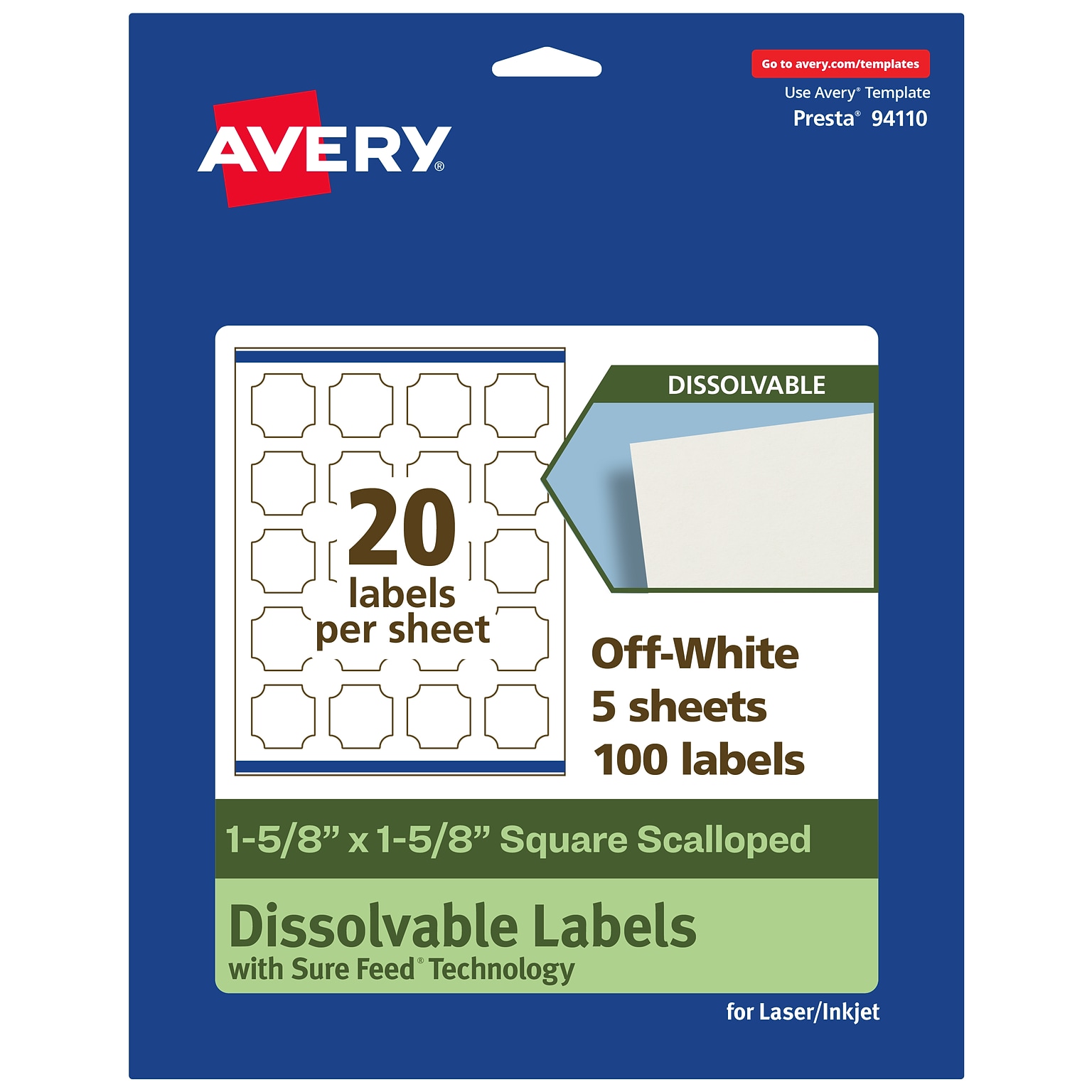 Avery Dissolvable Decorative Edge Multipurpose Labels, 1-5/8 x 1-5/8, Off-white, 100/Pack (94110)