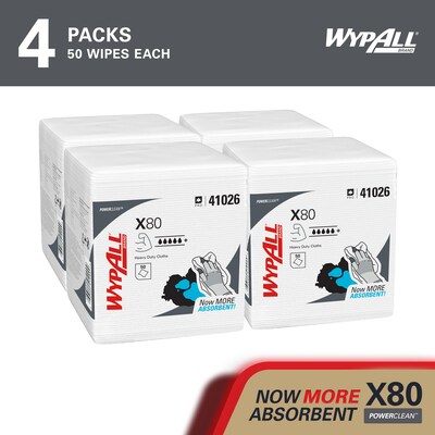 WypAll PowerClean X80 Nylon Cleaning Wipers, 12 x 12.5, White, 50 Wipers/Box, 4/Carton (41026)