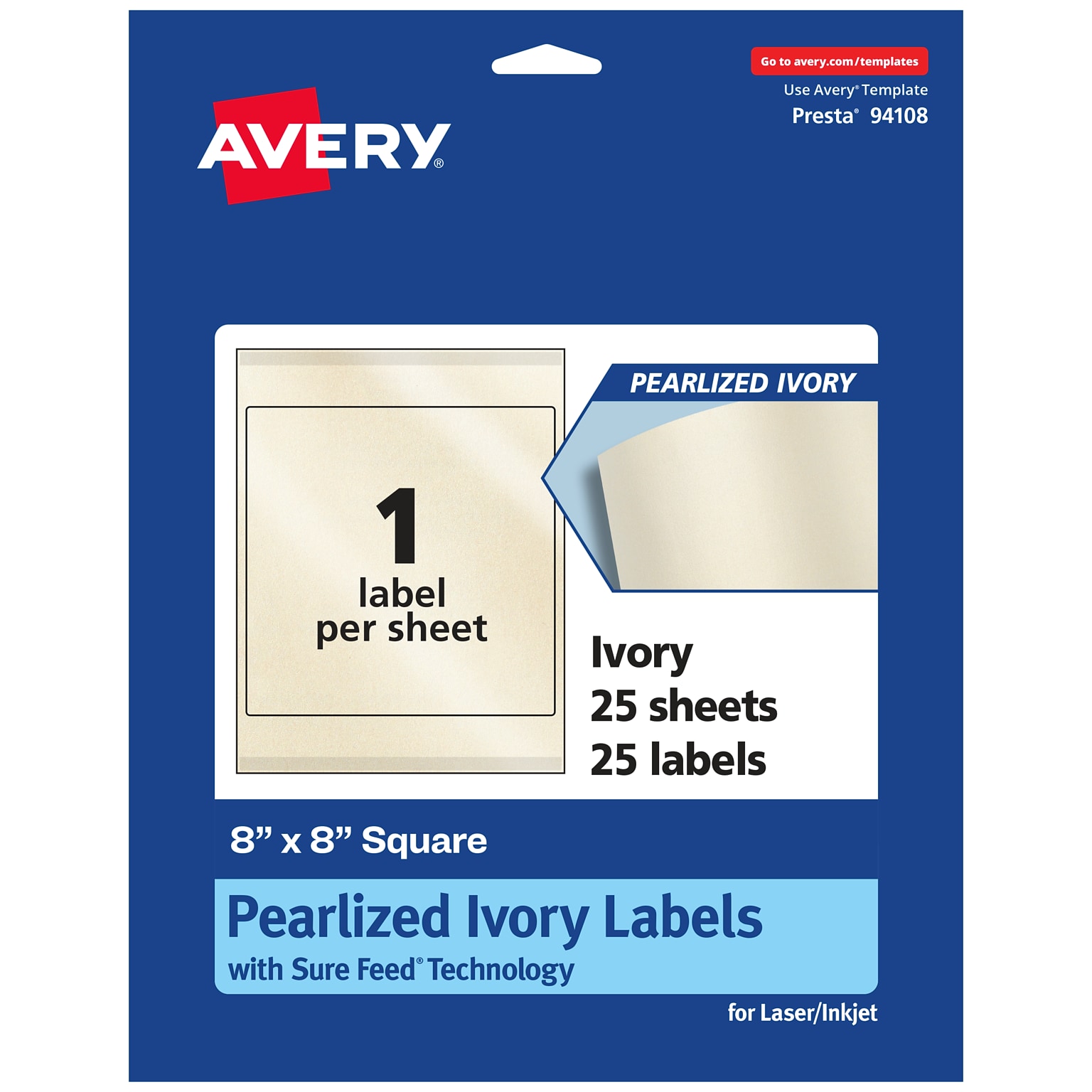 Avery Pearlized Ivory Square Multipurpose Labels, 8 x 8, Ivory, 25/Pack (94108)