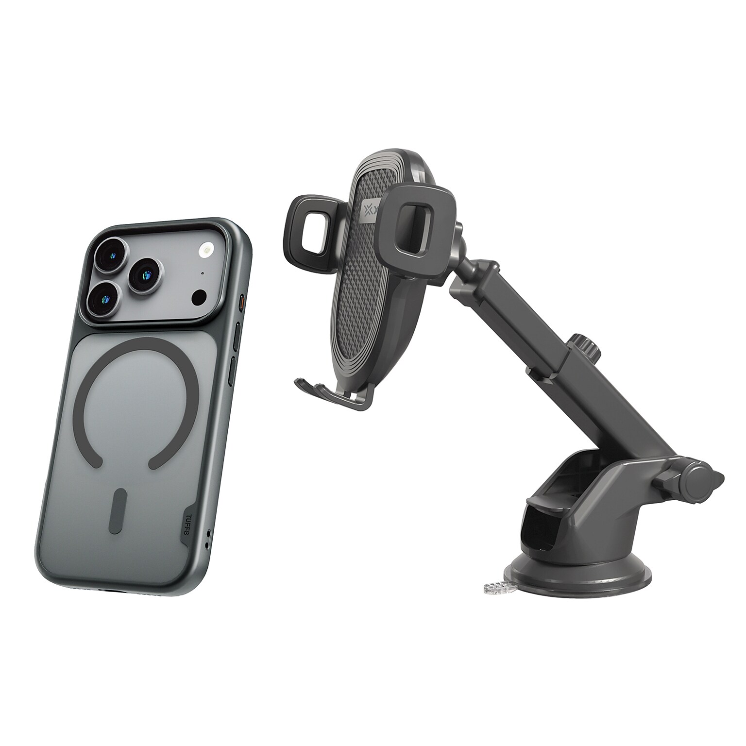 TUFF8 GlideGuard MagSafe Phone Case for iPhone 18 Pro with XYST Extendable Dash Mount, Smoke Black/Black (KITLIBBWR18PR02)